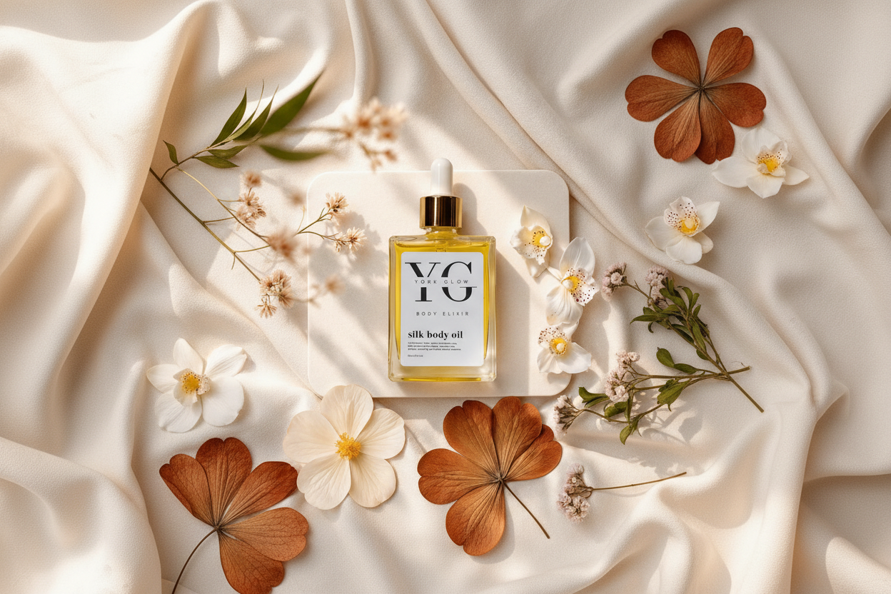 York Glow Silk Body Oil Flat Lay Banner